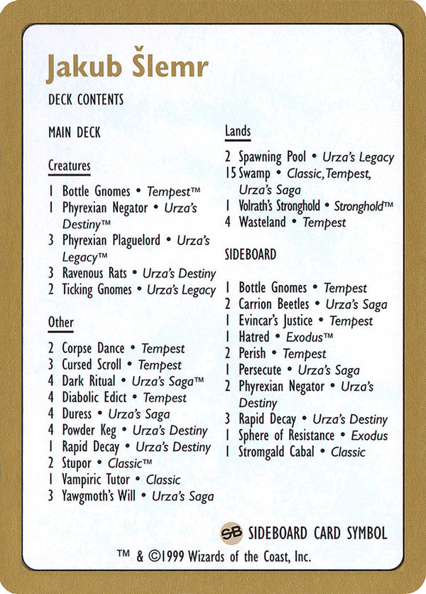 1999 Jakub Slemr Decklist Card - Magic: The Gathering