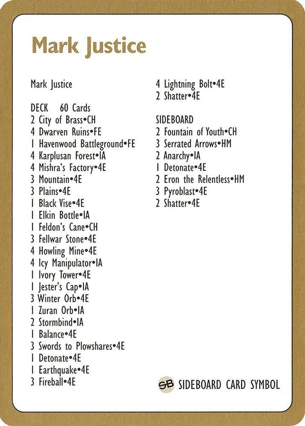 1996 Mark Justice Decklist Card - Magic: The Gathering