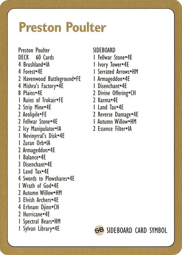 1996 Preston Poulter Decklist Card - Magic: The Gathering