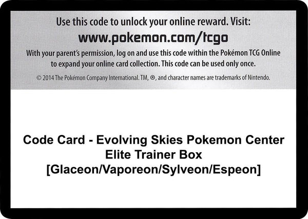 Code Card - Evolving Skies Pokemon Center Elite Trainer Box [Glaceon/Vaporeon/Sylveon/Espeon] - Pokémon