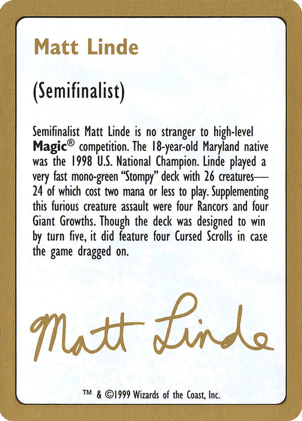 1999 Matt Linde Biography Card - Magic: The Gathering