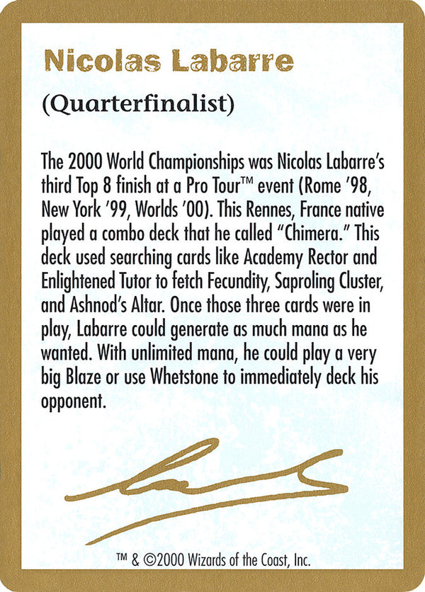 2000 Nicolas Labarre Biography Card - Magic: The Gathering