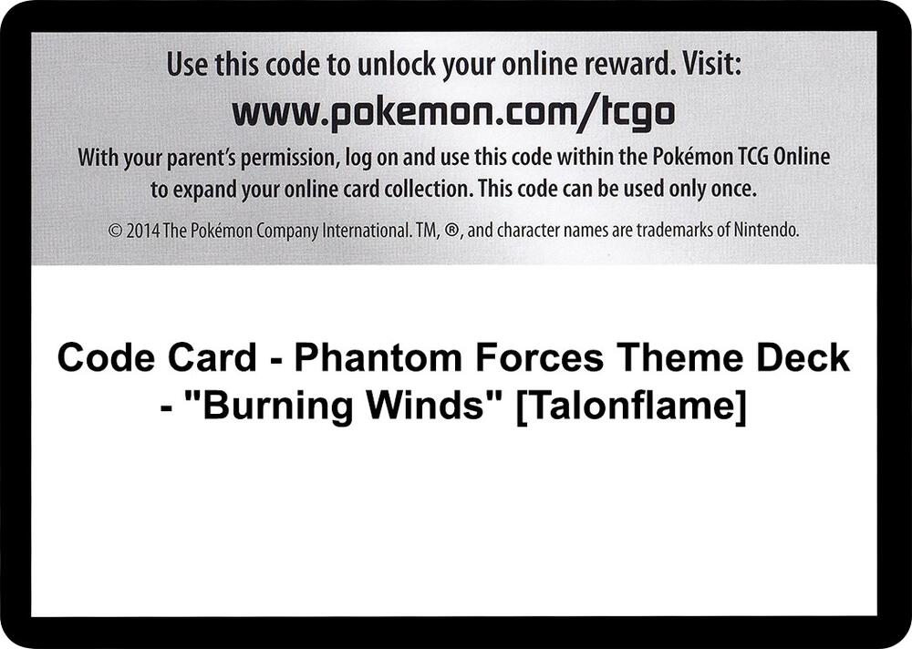 Code Card - Phantom Forces Theme Deck - "Burning Winds" [Talonflame]