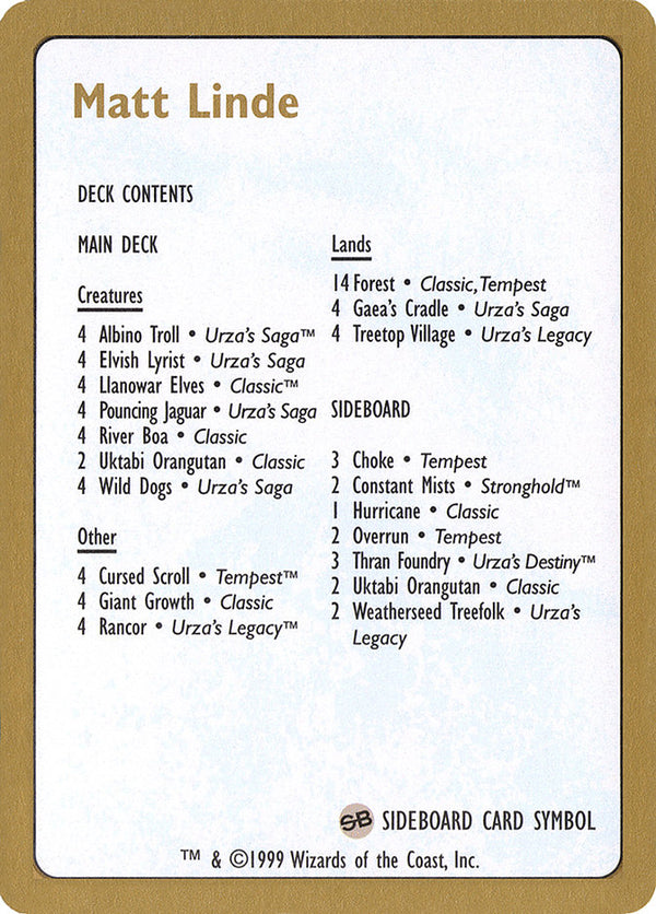 1999 Matt Linde Decklist Card - Magic: The Gathering
