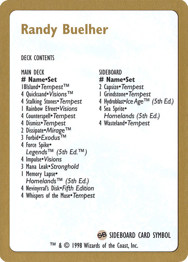 1998 Randy Buehler Decklist Card - Magic: The Gathering