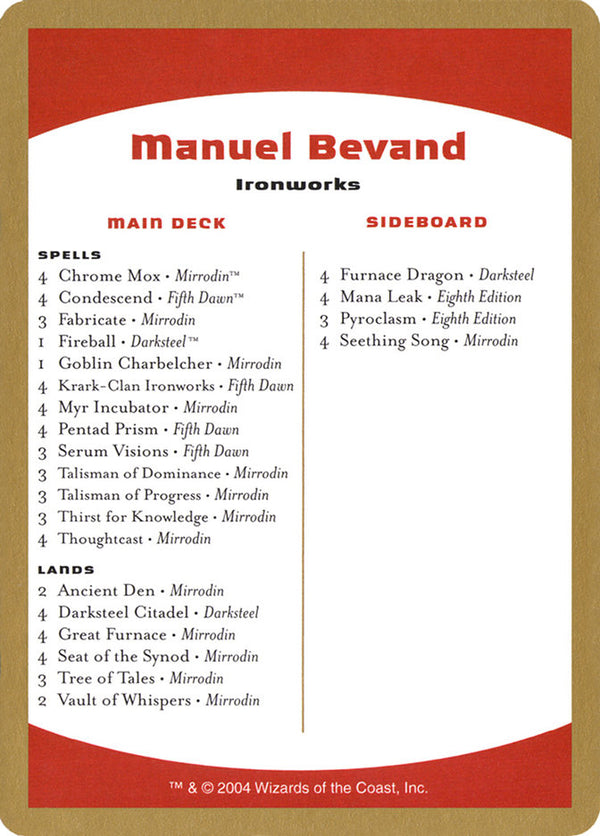 2004 Manuel Bevand Decklist Card - Magic: The Gathering