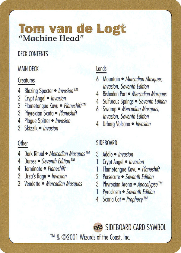 2001 Tom van de Logt Decklist Card - Magic: The Gathering