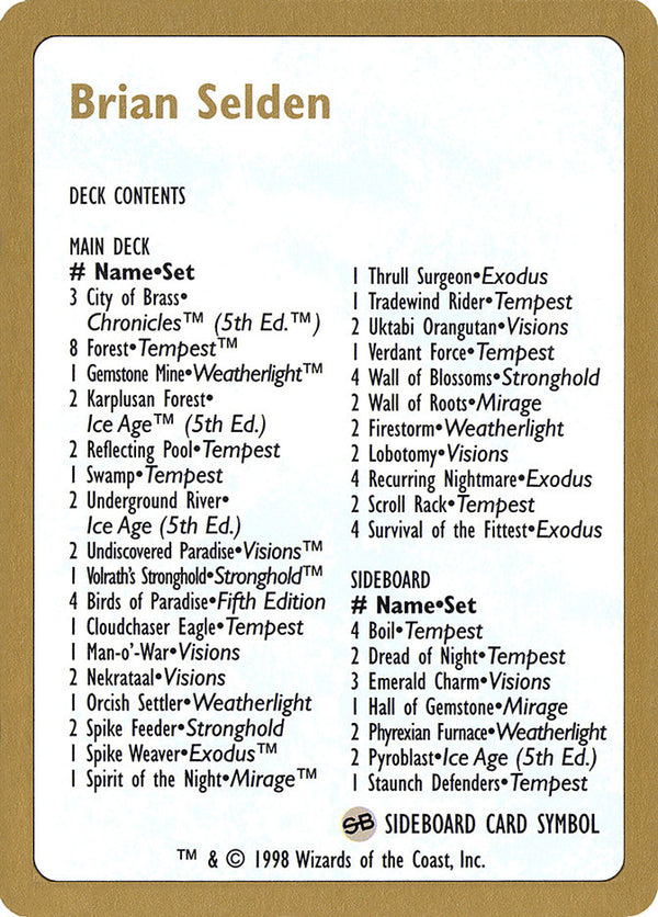 1998 Brian Selden Decklist Card - Magic: The Gathering