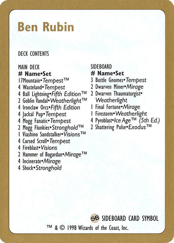 1998 Ben Rubin Decklist Card - Magic: The Gathering