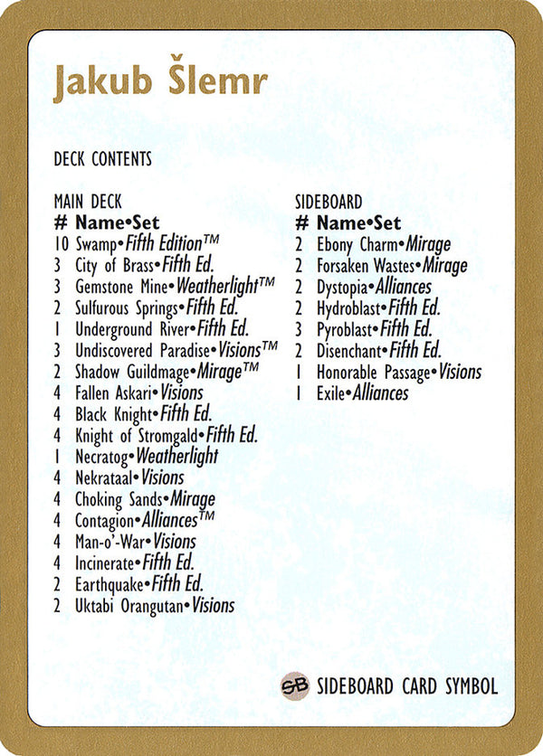 1997 Jakub Slemr Decklist Card - Magic: The Gathering